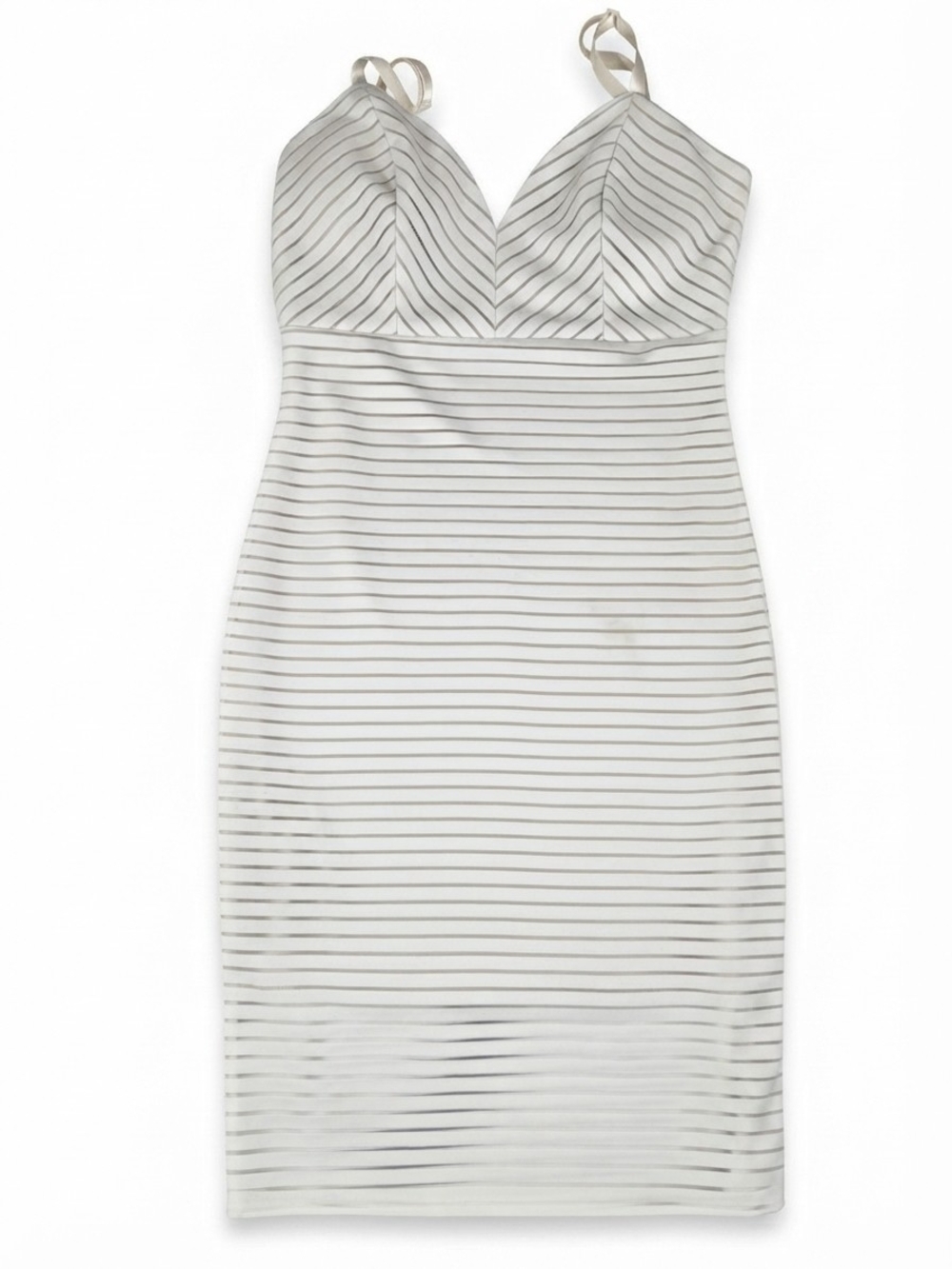 Trac Ivory and White Striped Fitted Midi Dress, Size M."